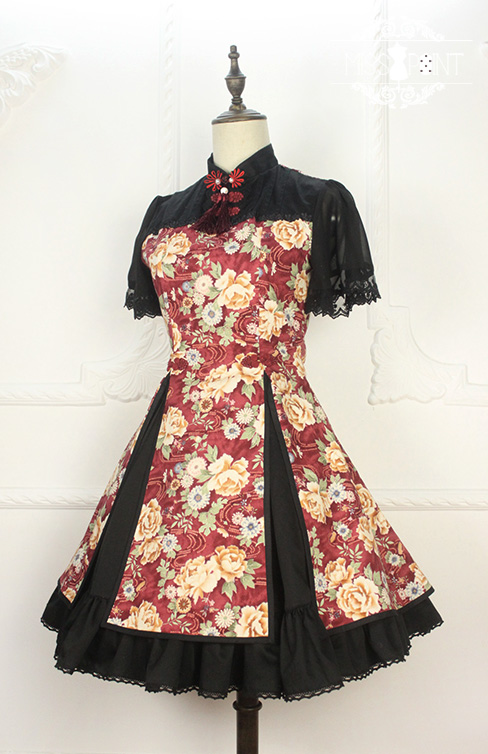 Qi Miss Point Lolita Stand Collar OP Dress with Hibiscus Pattern