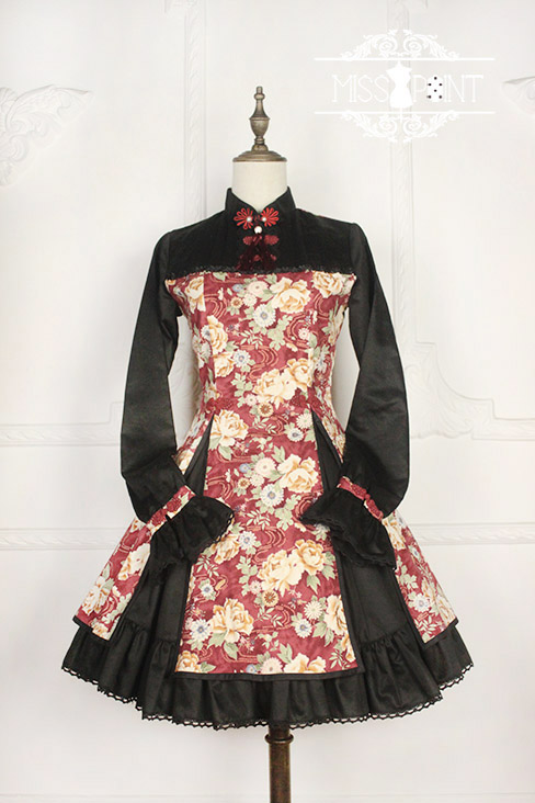 Qi Miss Point Lolita Stand Collar OP Dress with Hibiscus Pattern