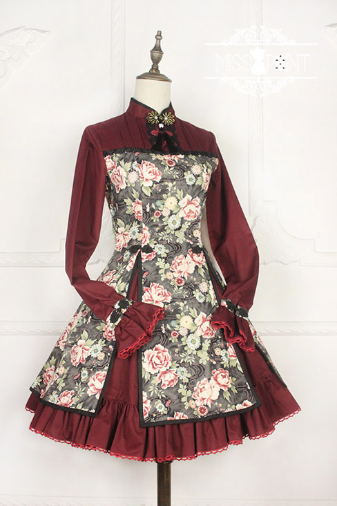 Qi Miss Point Lolita Stand Collar OP Dress with Hibiscus Pattern