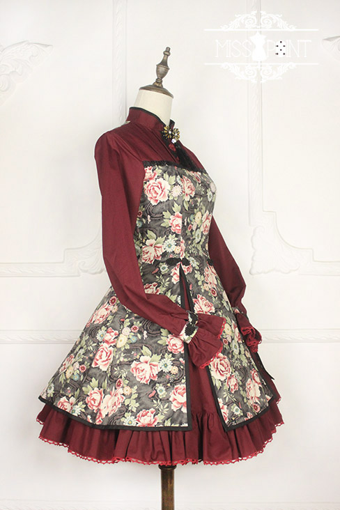 Qi Miss Point Lolita Stand Collar OP Dress with Hibiscus Pattern