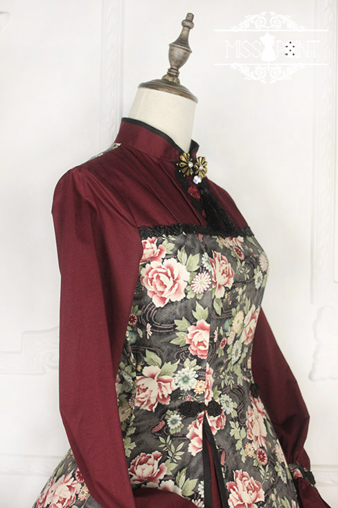 Qi Miss Point Lolita Stand Collar OP Dress with Hibiscus Pattern