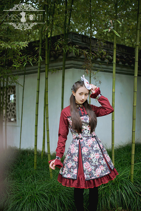 Qi Miss Point Lolita Stand Collar OP Dress with Hibiscus Pattern