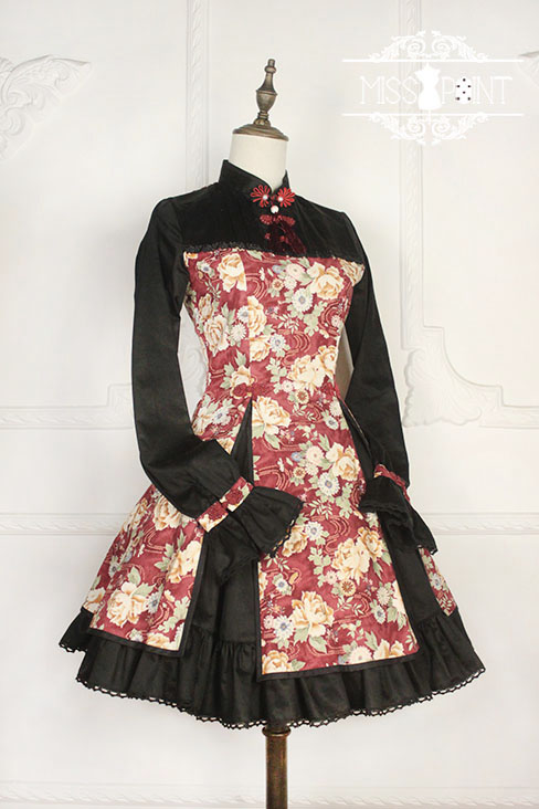 Qi Miss Point Lolita Stand Collar OP Dress with Hibiscus Pattern