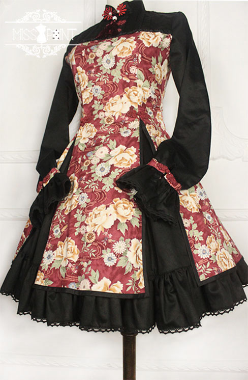 Qi Miss Point Lolita Stand Collar OP Dress with Hibiscus Pattern