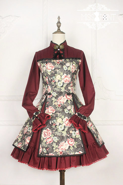 Qi Miss Point Lolita Stand Collar OP Dress with Hibiscus Pattern