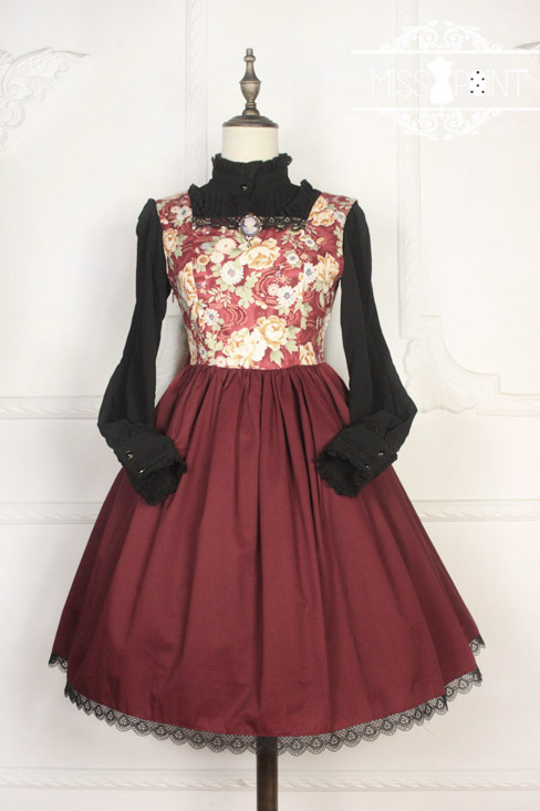 Vintage Qi Miss Point Lolita JSK with Hibiscus Pattern