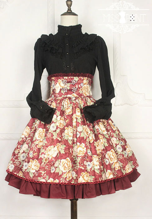 Qi Miss Point Lolita High Waist Skirt with Hibiscus Pattern