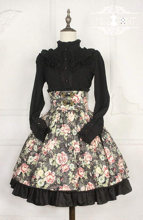 Qi Miss Point Lolita High Waist Skirt with Hibiscus Pattern