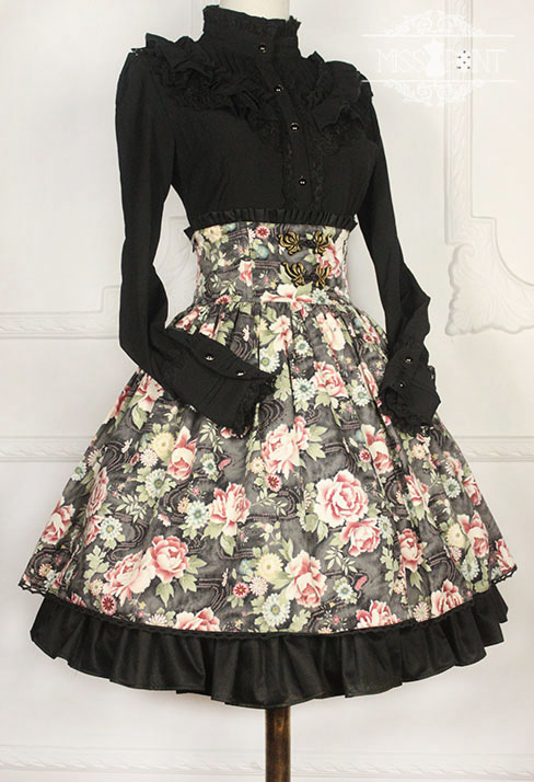 Qi Miss Point Lolita High Waist Skirt with Hibiscus Pattern