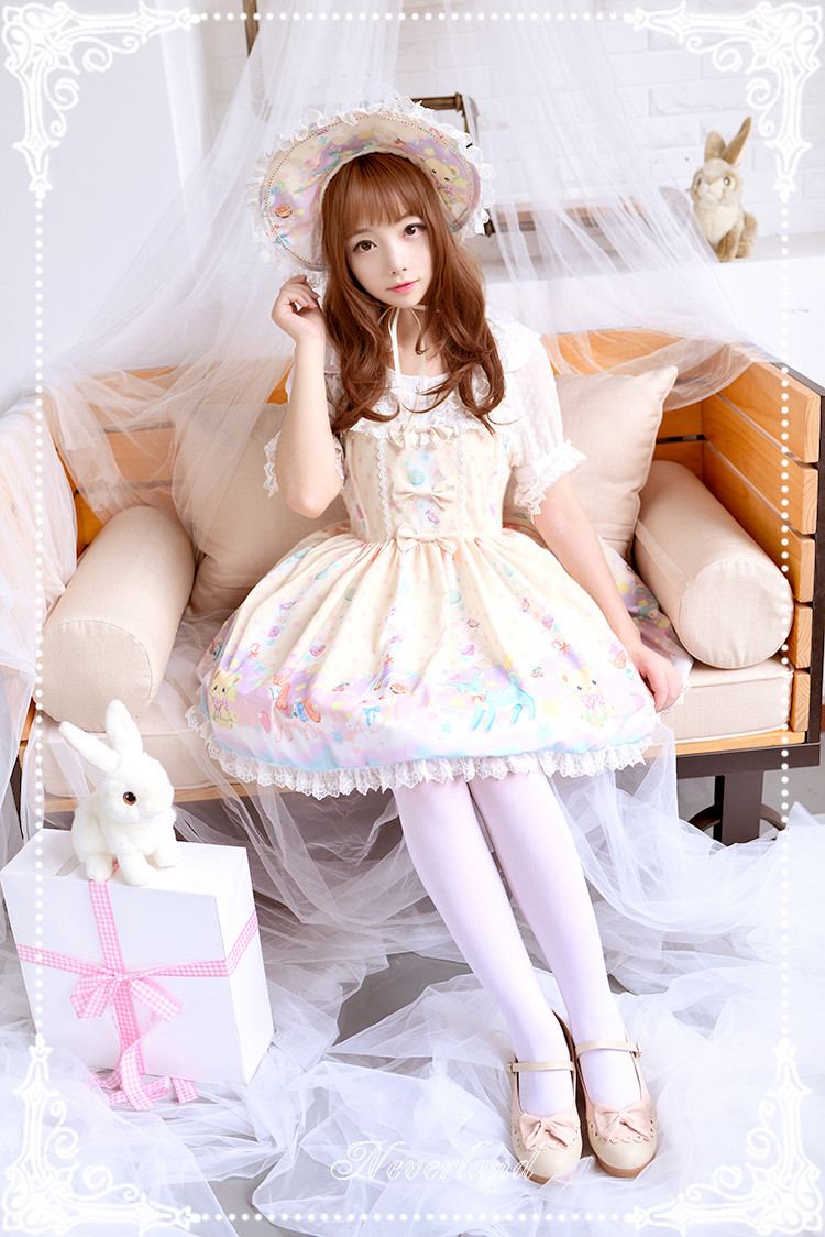 Candyland Sweet High Waist Neverland Lolita JSK with Detachable Bunny Eears Collar