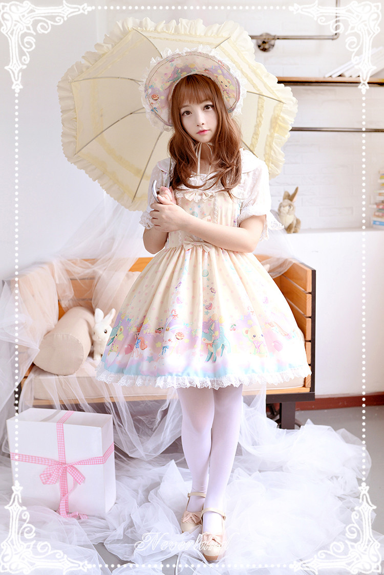 Candyland Sweet High Waist Neverland Lolita JSK with Detachable Bunny Eears Collar