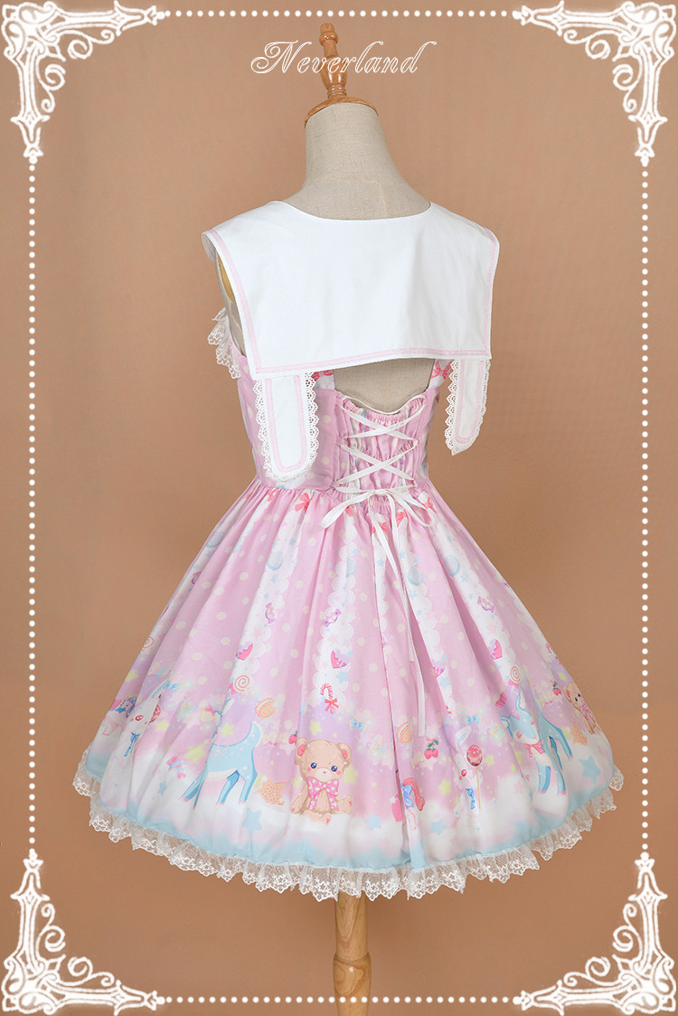 Candyland Sweet High Waist Neverland Lolita JSK with Detachable Bunny Eears Collar