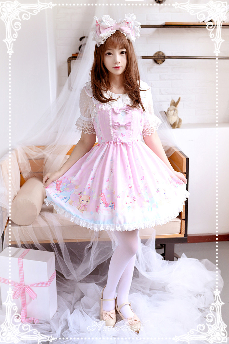 Candyland Sweet High Waist Neverland Lolita JSK with Detachable Bunny Eears Collar