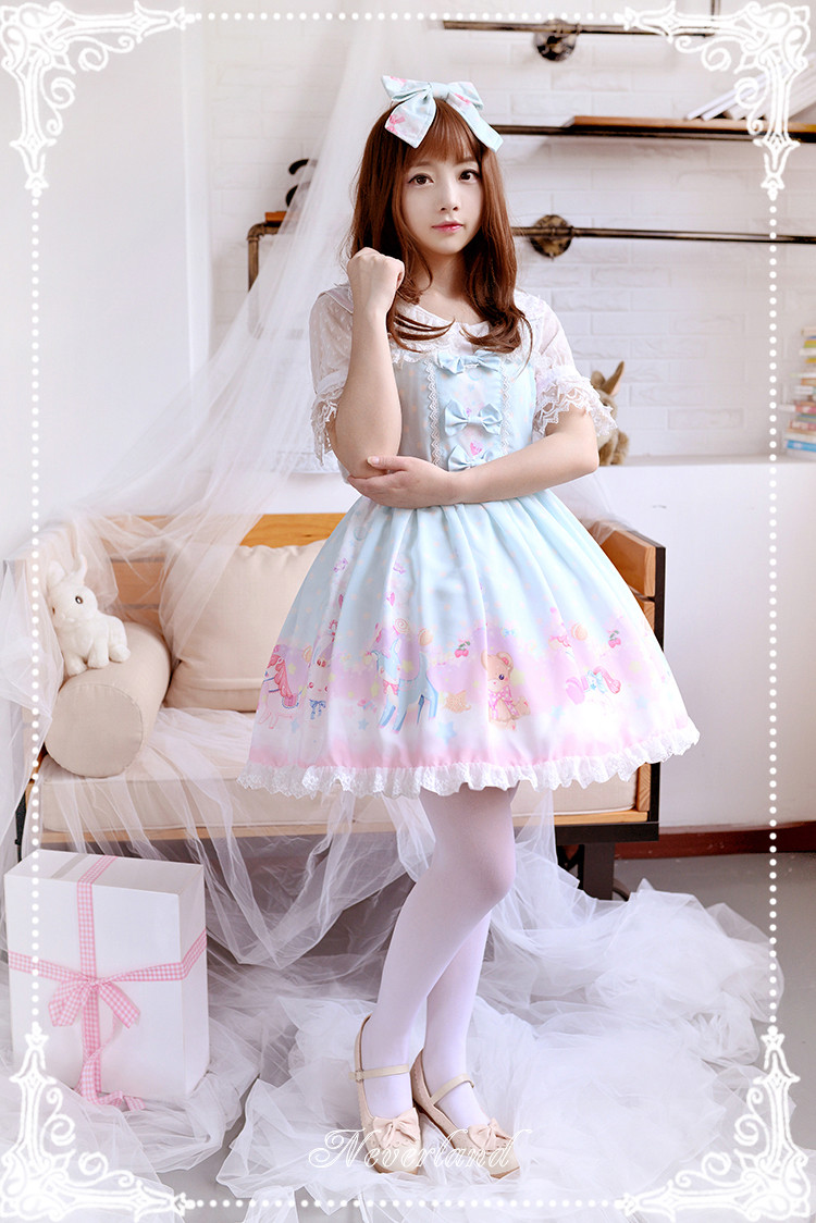 Candyland Sweet High Waist Neverland Lolita JSK with Detachable Bunny Eears Collar