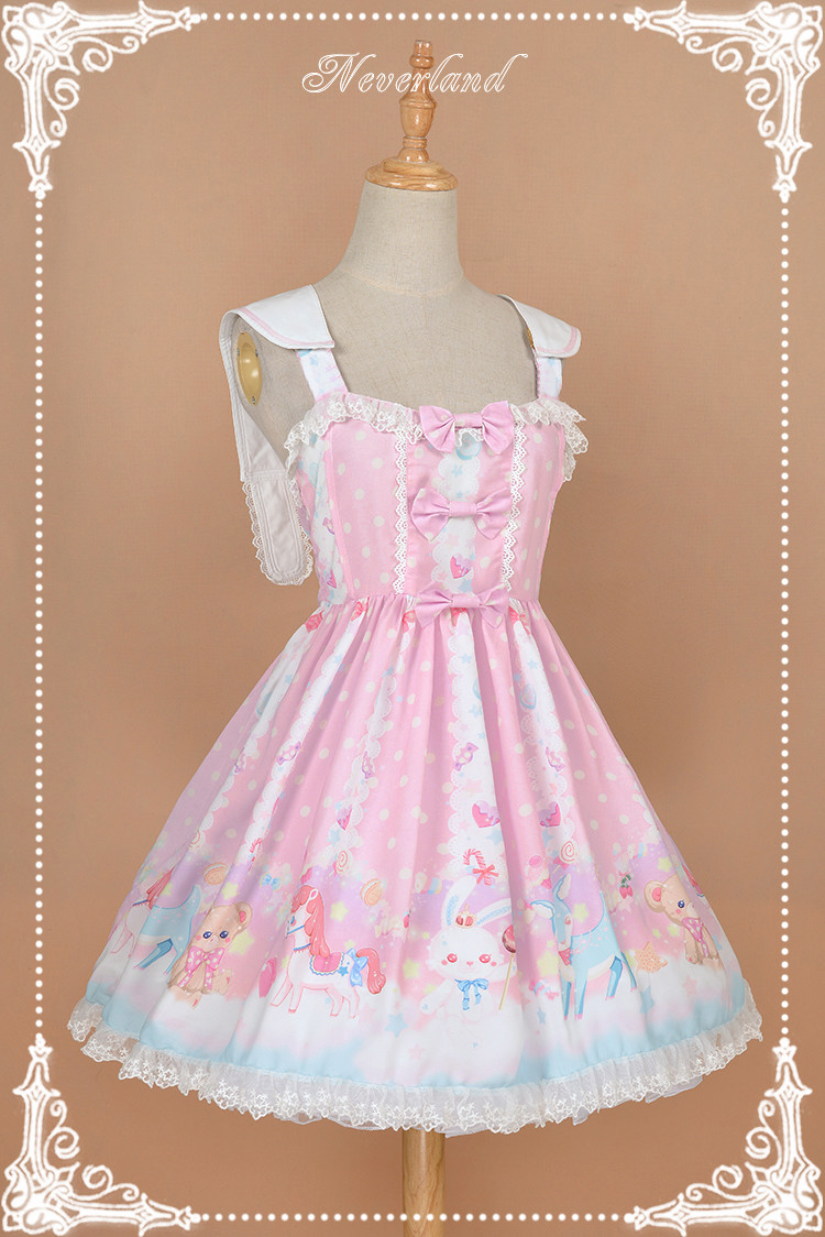 Candyland Sweet High Waist Neverland Lolita JSK with Detachable Bunny Eears Collar