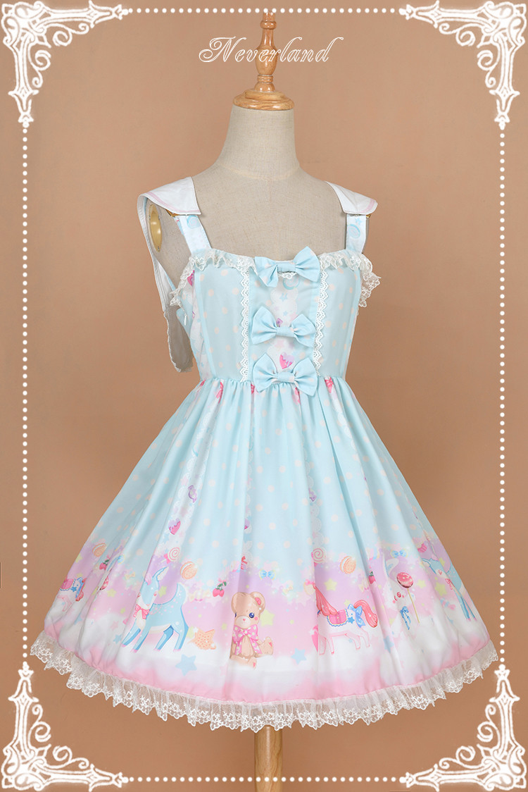 Candyland Sweet High Waist Neverland Lolita JSK with Detachable Bunny Eears Collar