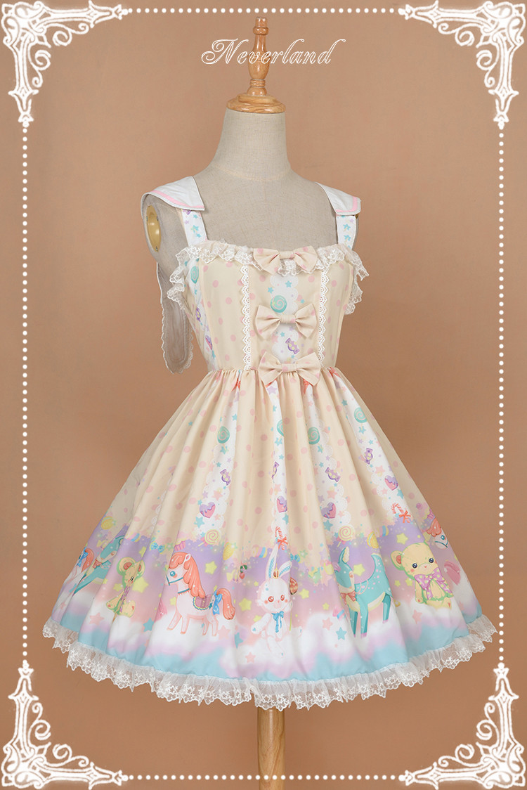 Candyland Sweet High Waist Neverland Lolita JSK with Detachable Bunny Eears Collar