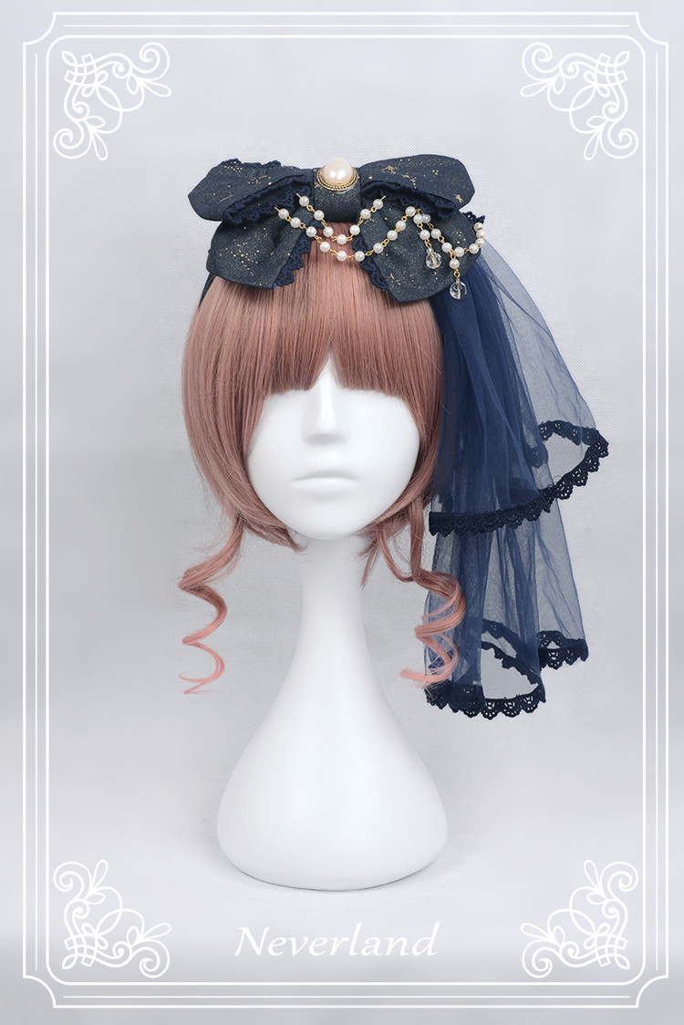 Fly Me to Polaris Gold Stamping Chiffon Neverland Lolita Headbow with fixed veil