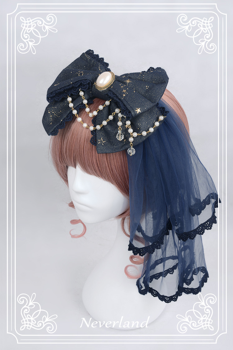 Fly Me to Polaris Gold Stamping Chiffon Neverland Lolita Headbow with fixed veil