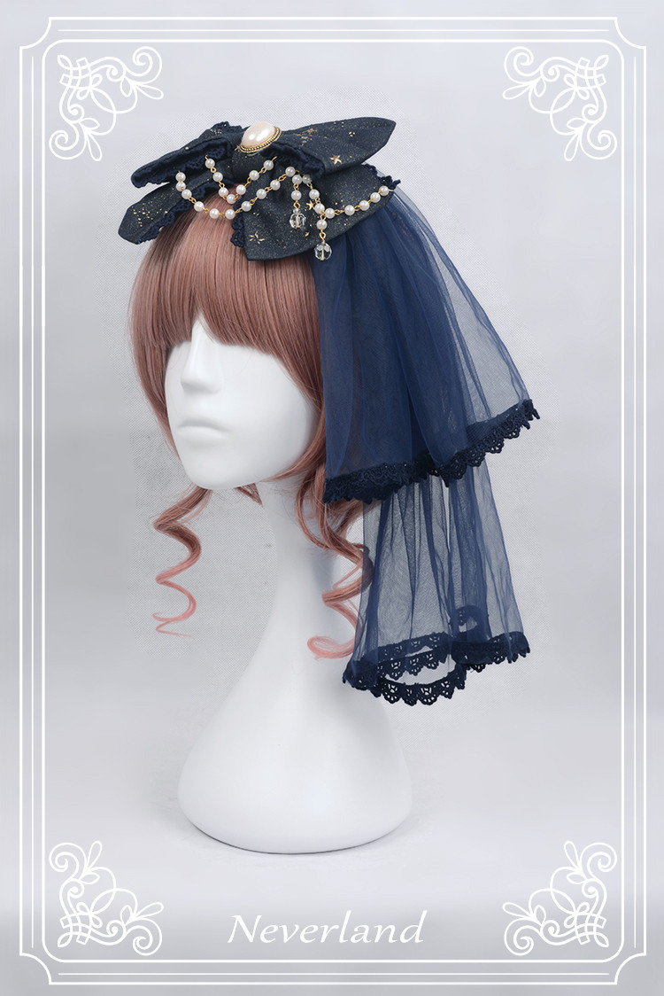 Fly Me to Polaris Gold Stamping Chiffon Neverland Lolita Headbow with fixed veil