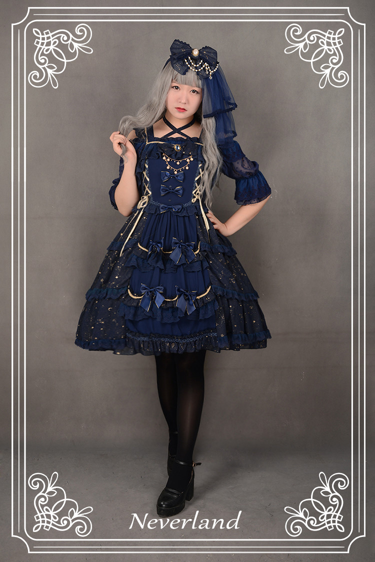 Fly Me to Polaris Gold Stamping Chiffon Neverland Lolita Headbow with fixed veil