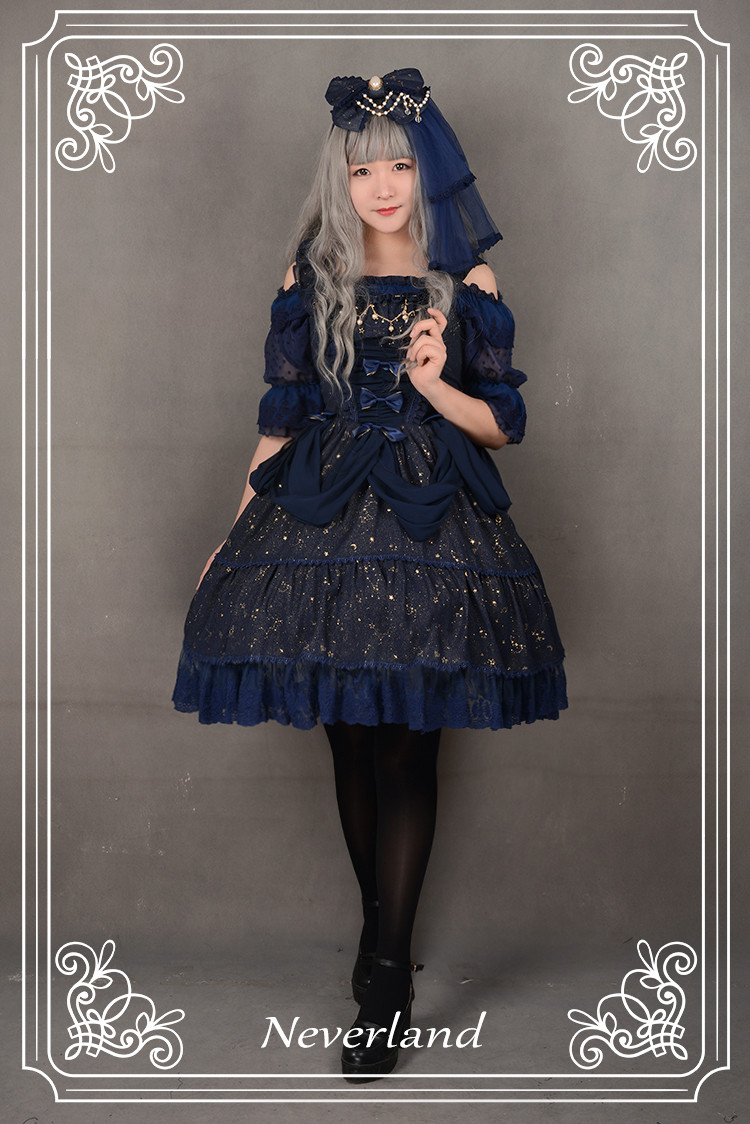 Fly Me to Polaris Gold Stamping Chiffon Neverland Lolita Headbow with fixed veil