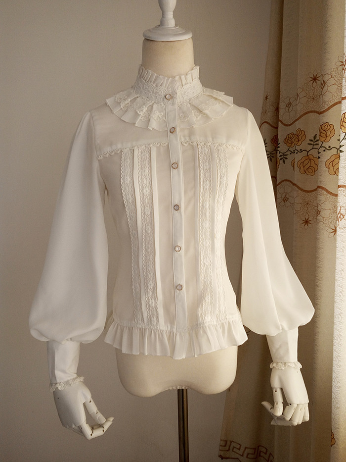 Original Vintage Stand Collar Long Sleeved Chiffon Lace Princess Lolita Blouse