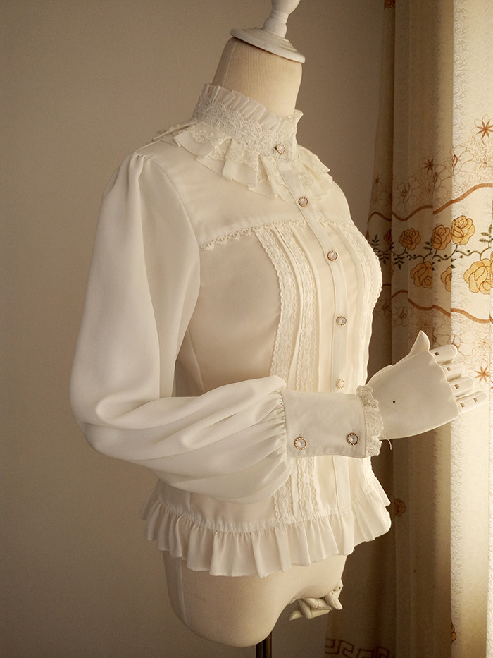 Original Vintage Stand Collar Long Sleeved Chiffon Lace Princess Lolita Blouse