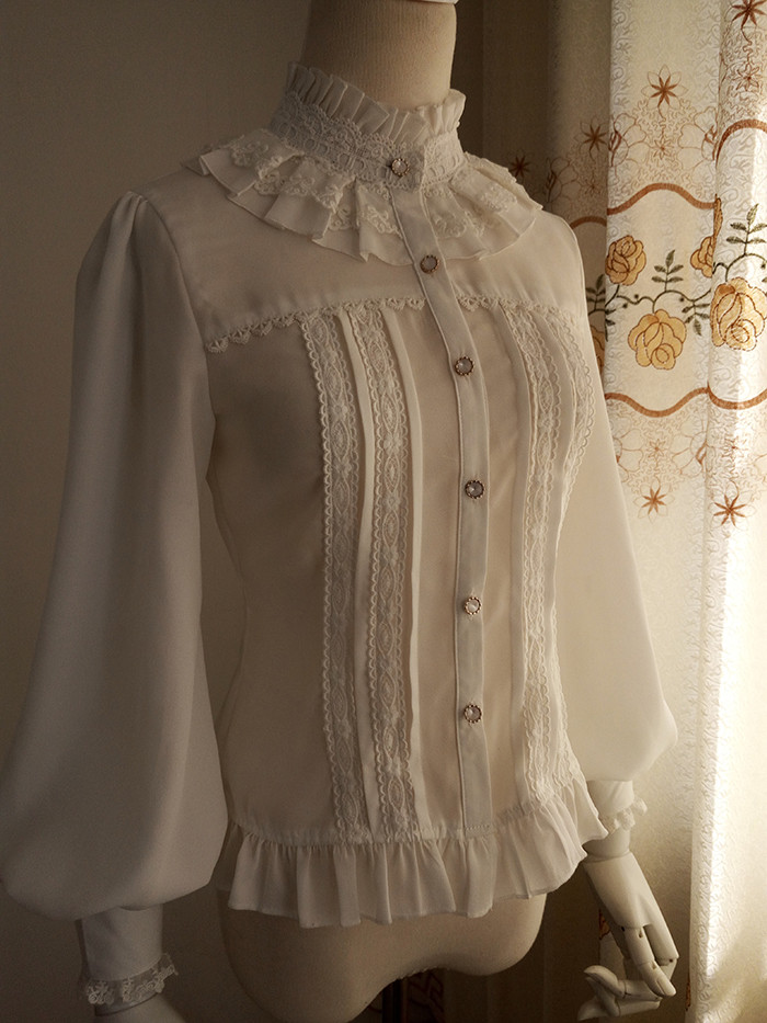 Original Vintage Stand Collar Long Sleeved Chiffon Lace Princess Lolita Blouse