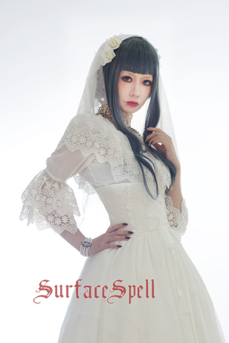 White Crystal & Black Agate Chiffon Medium Sleeves Surface Spell Lolita Blouse