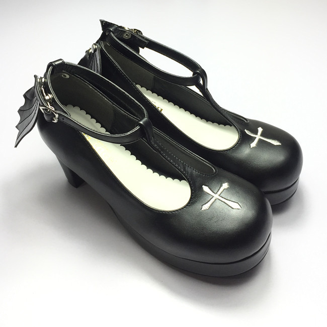 Gothic T-shaped Straps Lolita Heels Angelic Imprint Shoes with Detachable Angel Wings