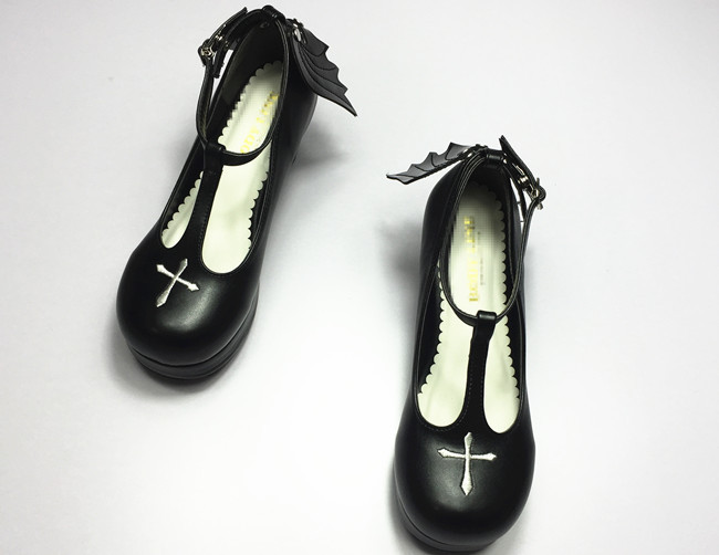 Gothic T-shaped Straps Lolita Heels Angelic Imprint Shoes with Detachable Angel Wings