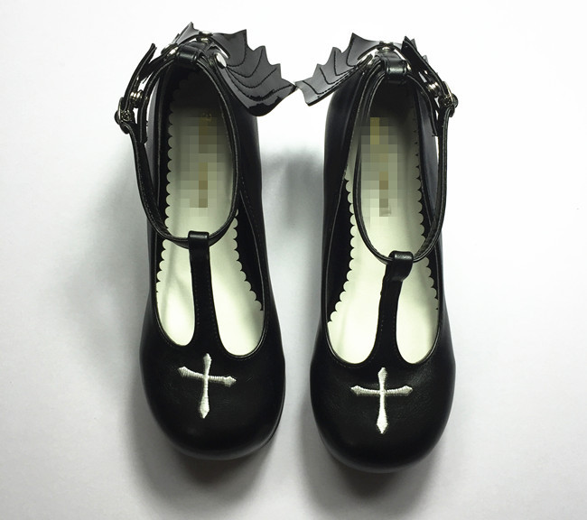 Gothic T-shaped Straps Lolita Heels Angelic Imprint Shoes with Detachable Angel Wings