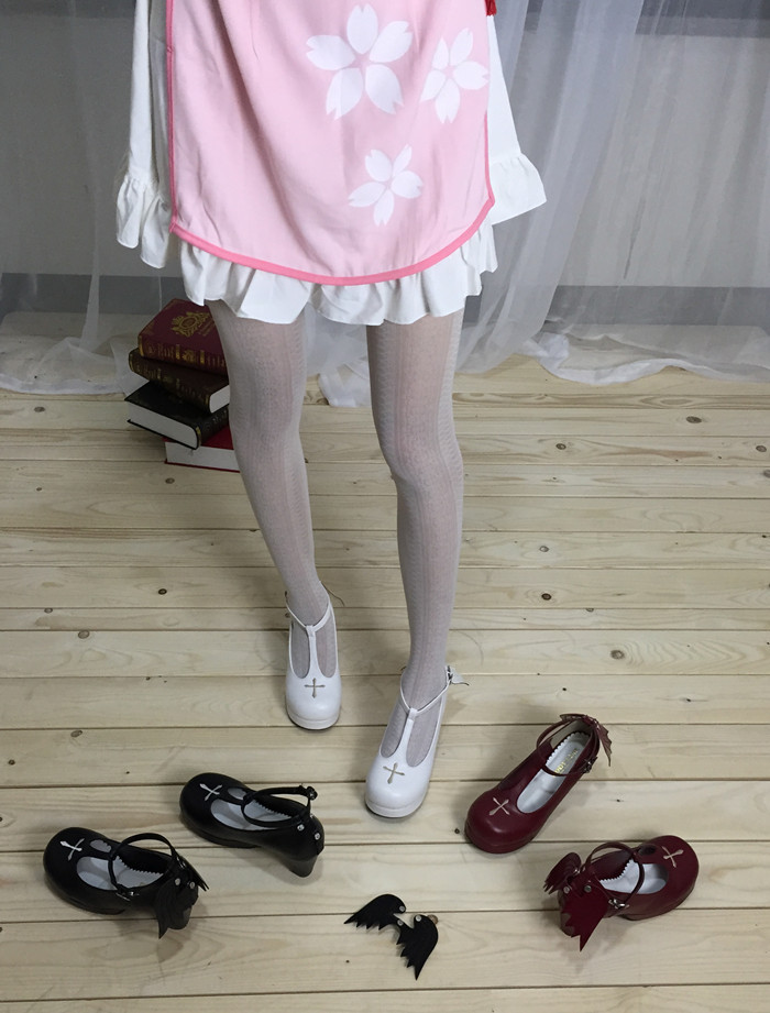 Gothic T-shaped Straps Lolita Heels Angelic Imprint Shoes with Detachable Angel Wings