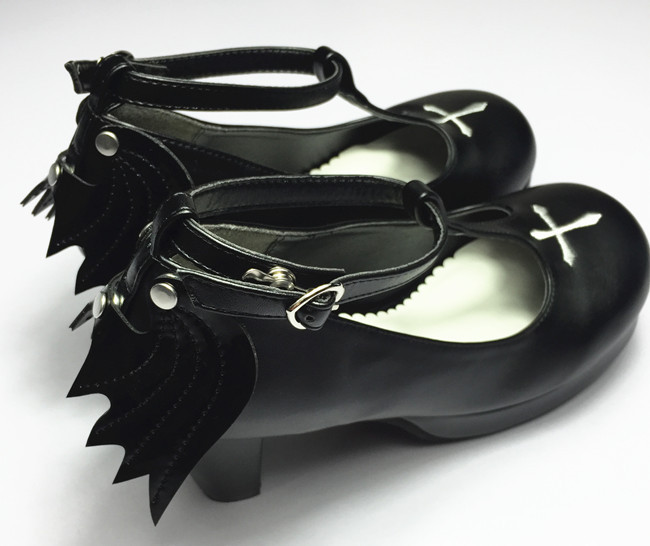 Gothic T-shaped Straps Lolita Heels Angelic Imprint Shoes with Detachable Angel Wings