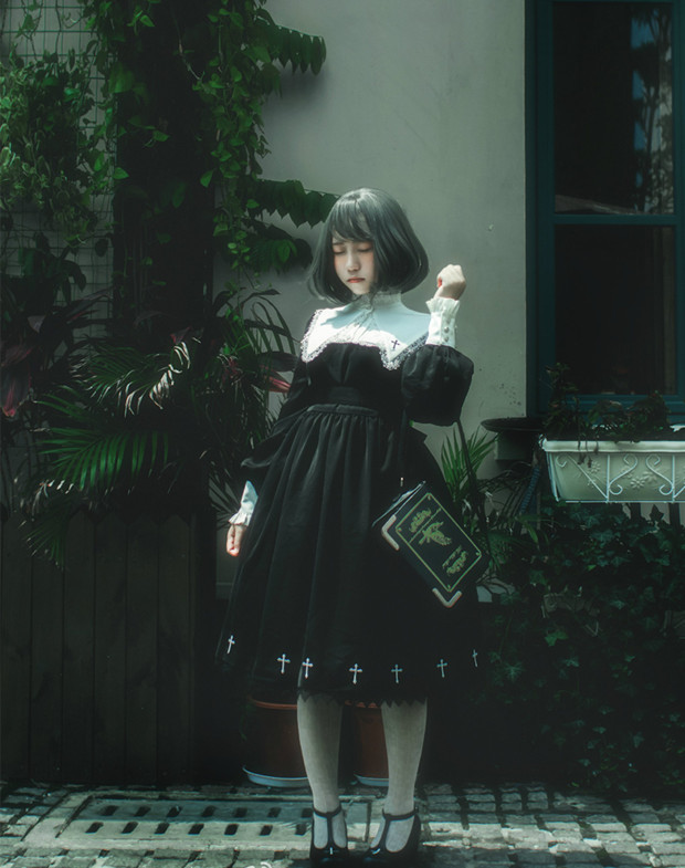 Cross Embroidery Black And White Lolita Dress