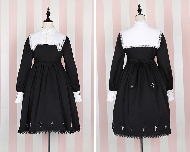 Cross Embroidery Black And White Lolita Dress