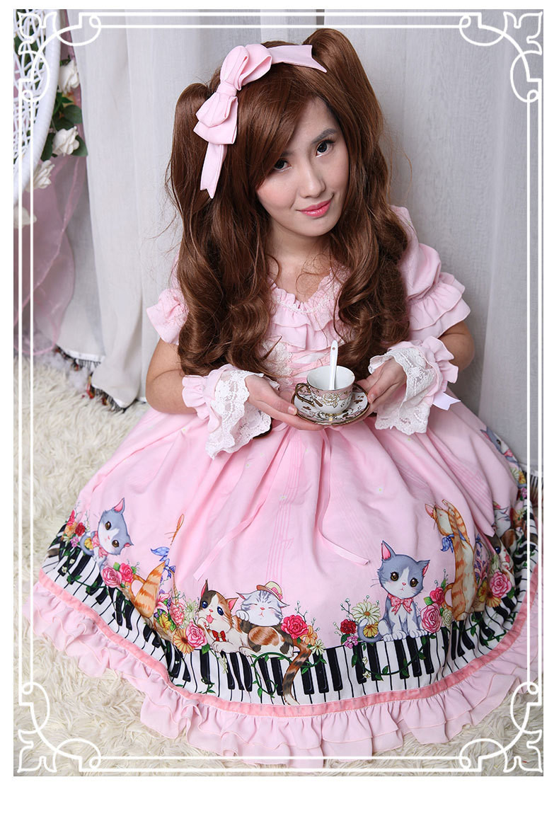New Spring And Summer Key Cat Printing Sweet Slim Short Sleeved Lolita Dress