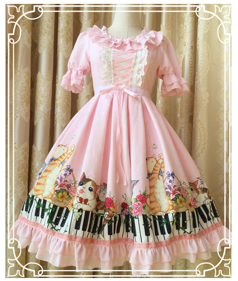 New Spring And Summer Key Cat Printing Sweet Slim Short Sleeved Lolita Dress