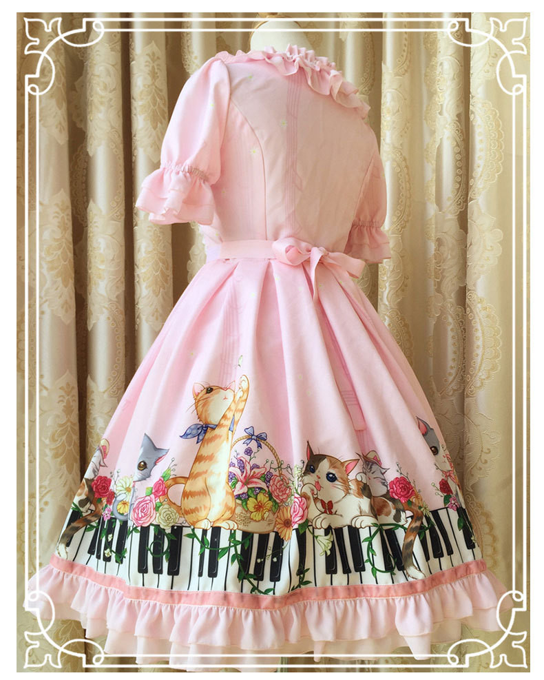 New Spring And Summer Key Cat Printing Sweet Slim Short Sleeved Lolita Dress