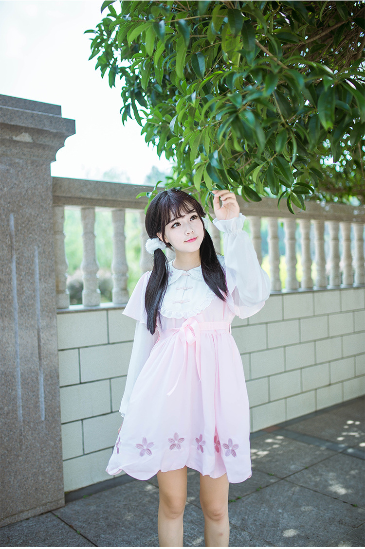 Cherry Blossoms Hollow Embroidery Doll Collar Chinese Style Lolita Dress