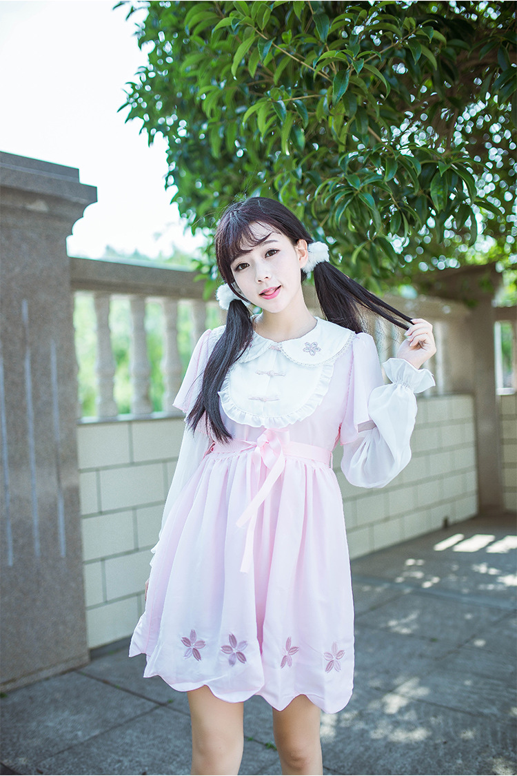 Cherry Blossoms Hollow Embroidery Doll Collar Chinese Style Lolita Dress