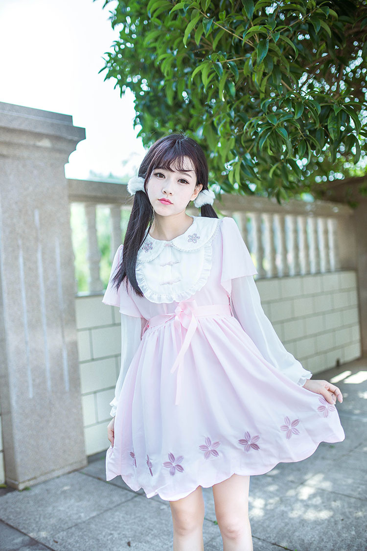 Cherry Blossoms Hollow Embroidery Doll Collar Chinese Style Lolita Dress