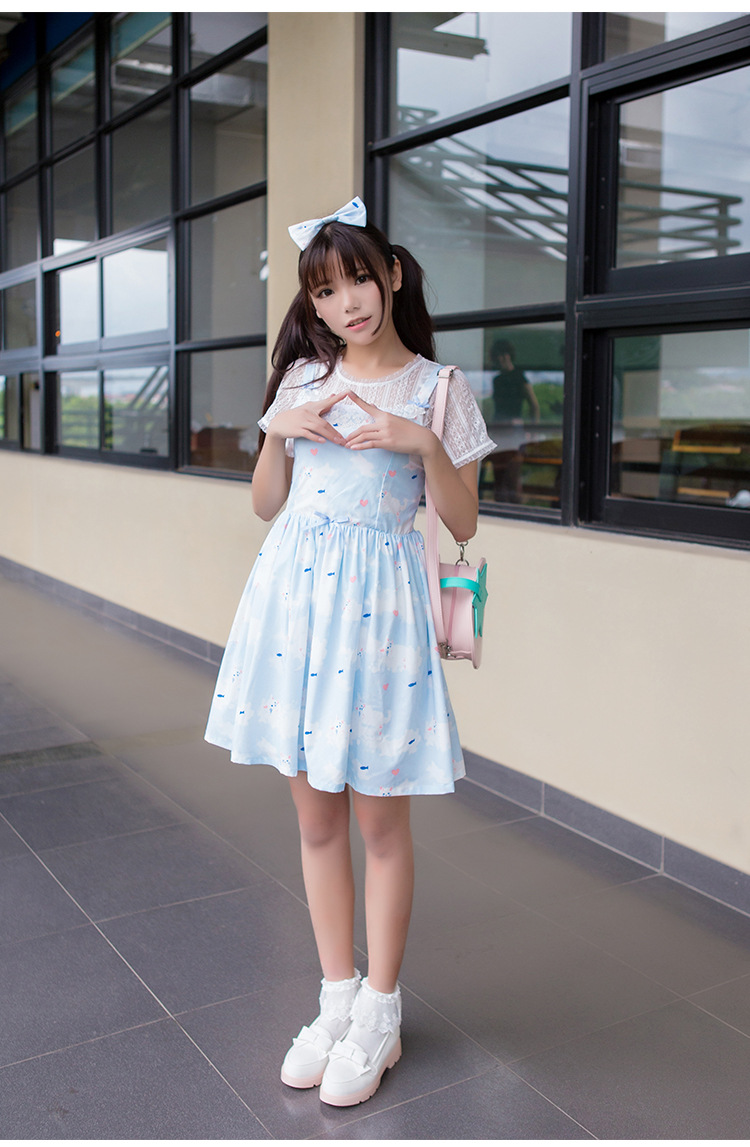 Cat Printing Lace Bow Lolita Dress