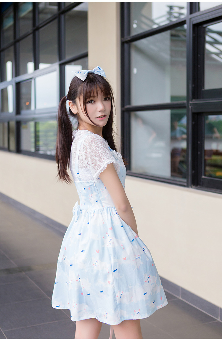 Cat Printing Lace Bow Lolita Dress