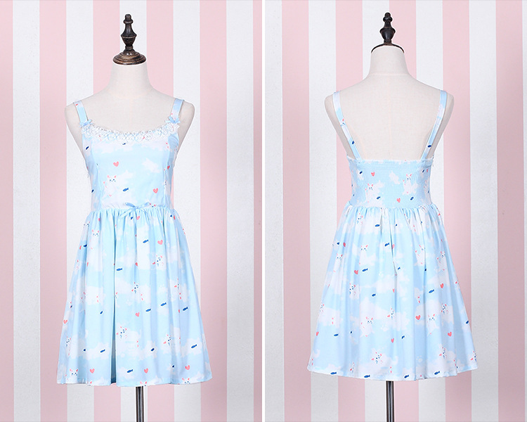 Cat Printing Lace Bow Lolita Dress