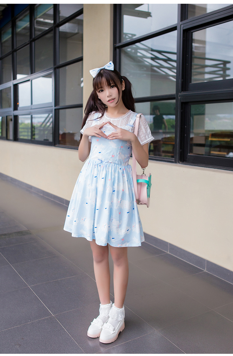 Cat Printing Lace Bow Lolita Suit-Dress and Blouses