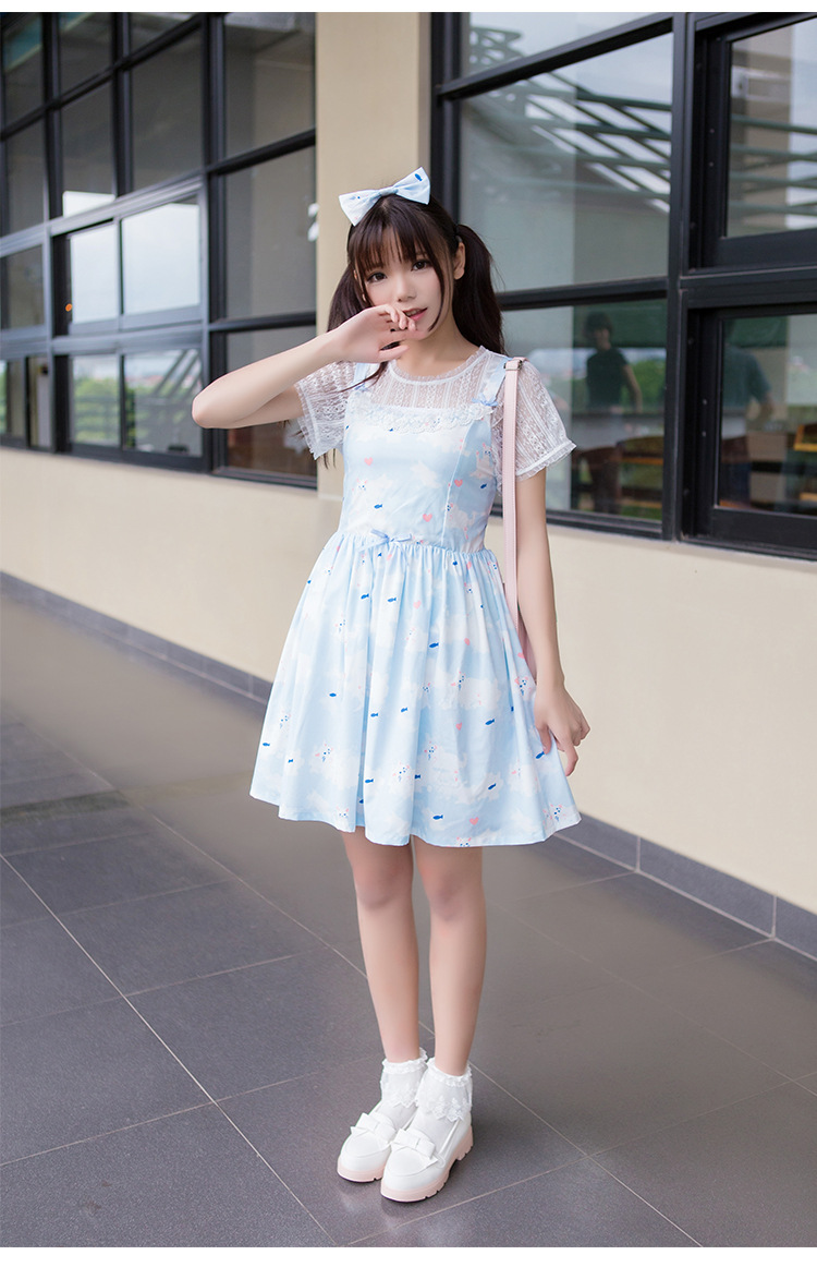 Cat Printing Lace Bow Lolita Suit-Dress and Blouses