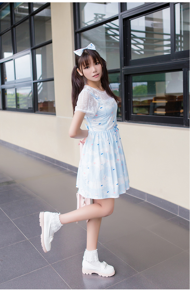 Cat Printing Lace Bow Lolita Suit-Dress and Blouses