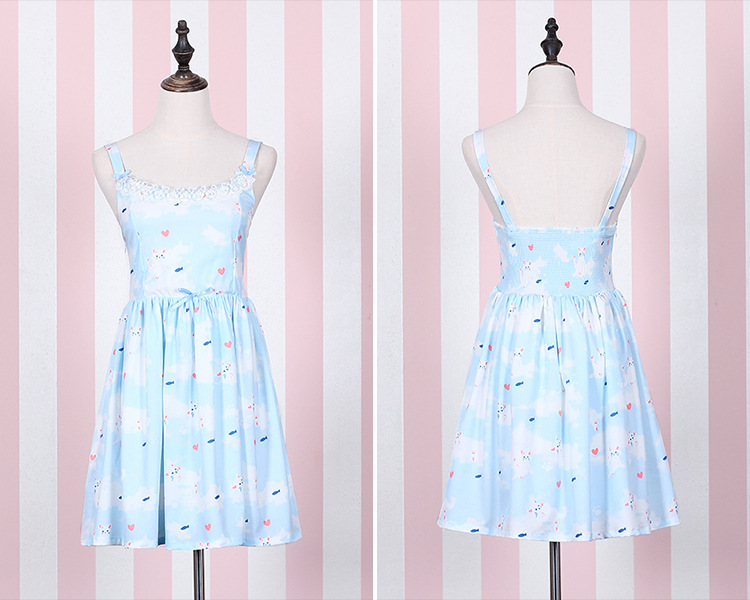 Cat Printing Lace Bow Lolita Suit-Dress and Blouses